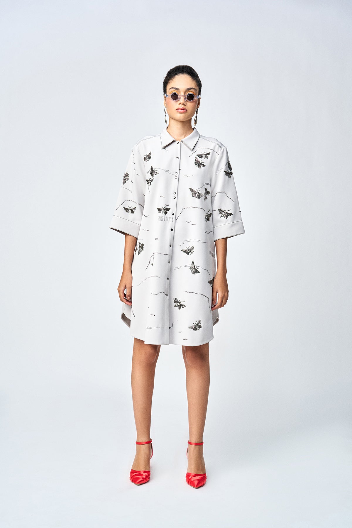 FUZZY BUTTERFLY EMBELLISHED A LINE SHIRT DRESS