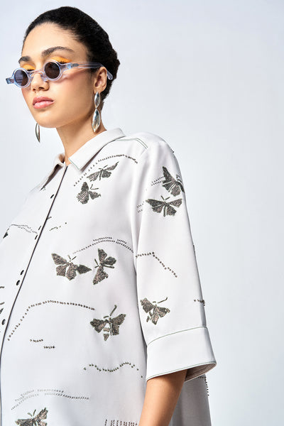 FUZZY BUTTERFLY EMBELLISHED A LINE SHIRT DRESS