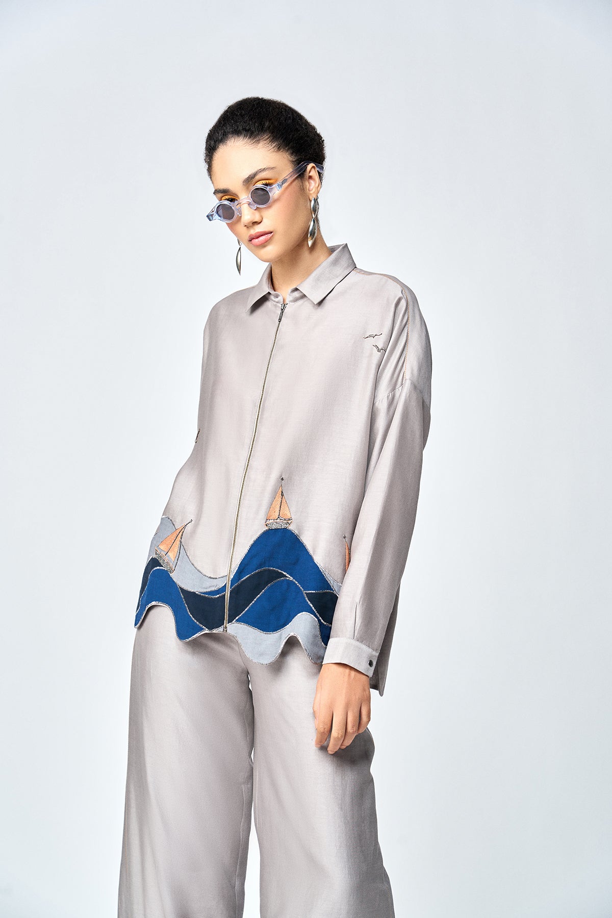 WAVES AND BOAT BOXY SHIRT WITH FLARED PANTS