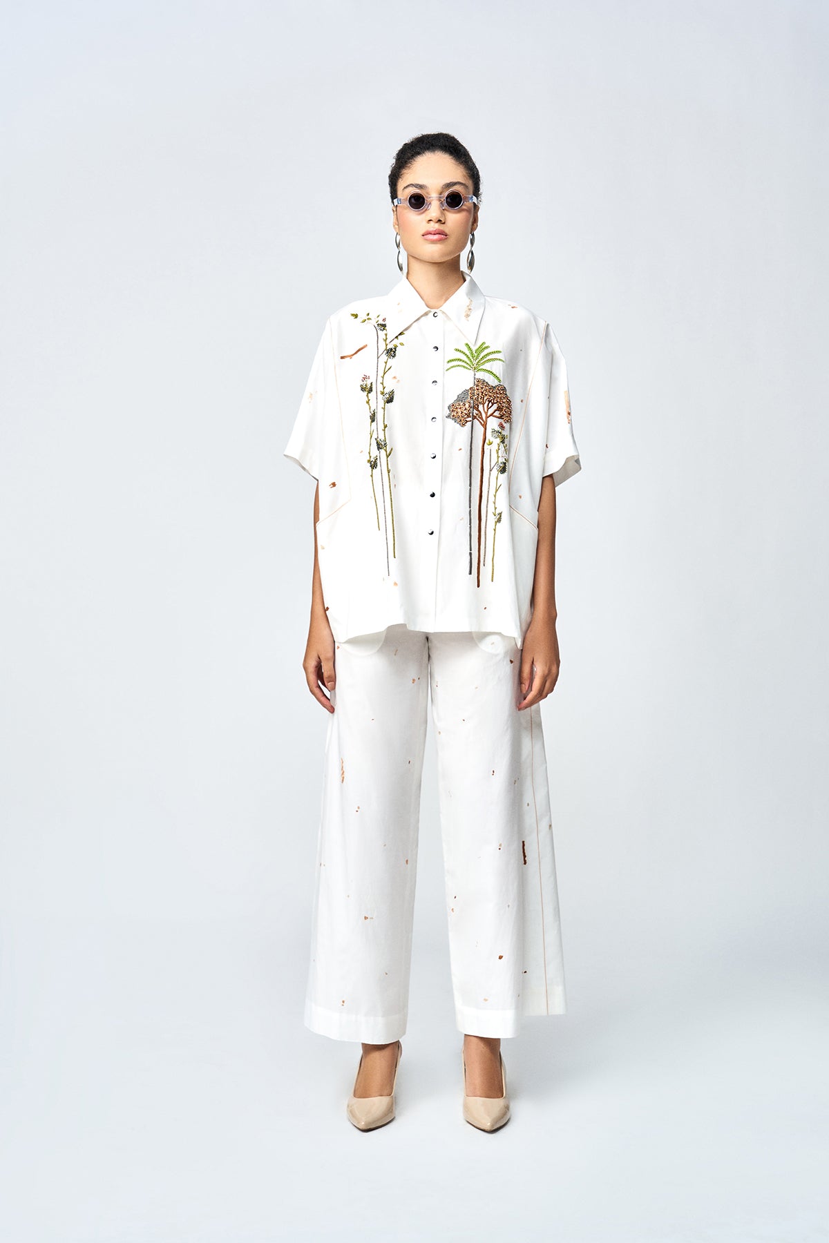 SUMMER PLANT KIMONO ANTI FIT SHIRT WITH FLARED PANTS