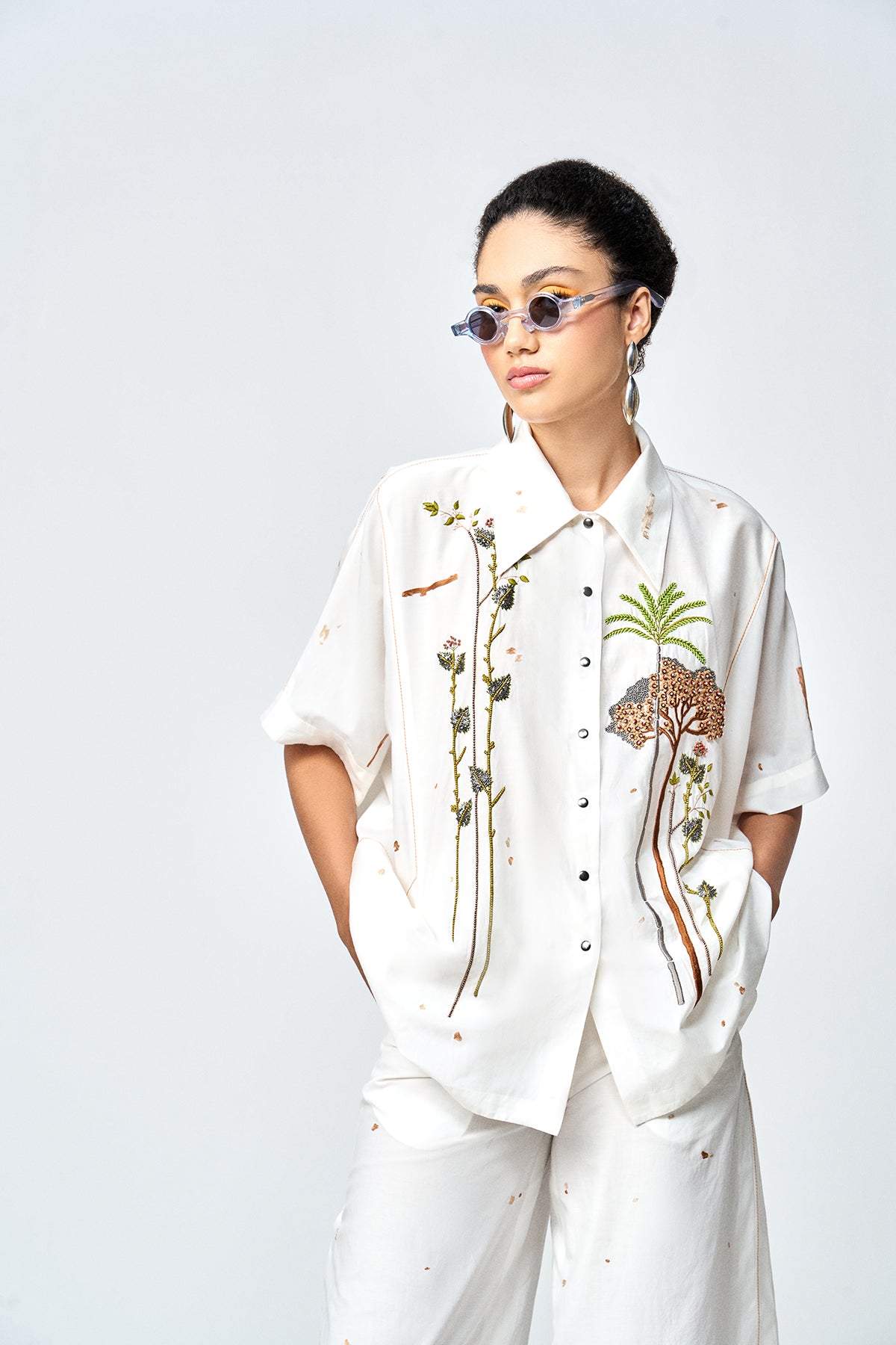 SUMMER PLANT KIMONO ANTI FIT SHIRT WITH FLARED PANTS