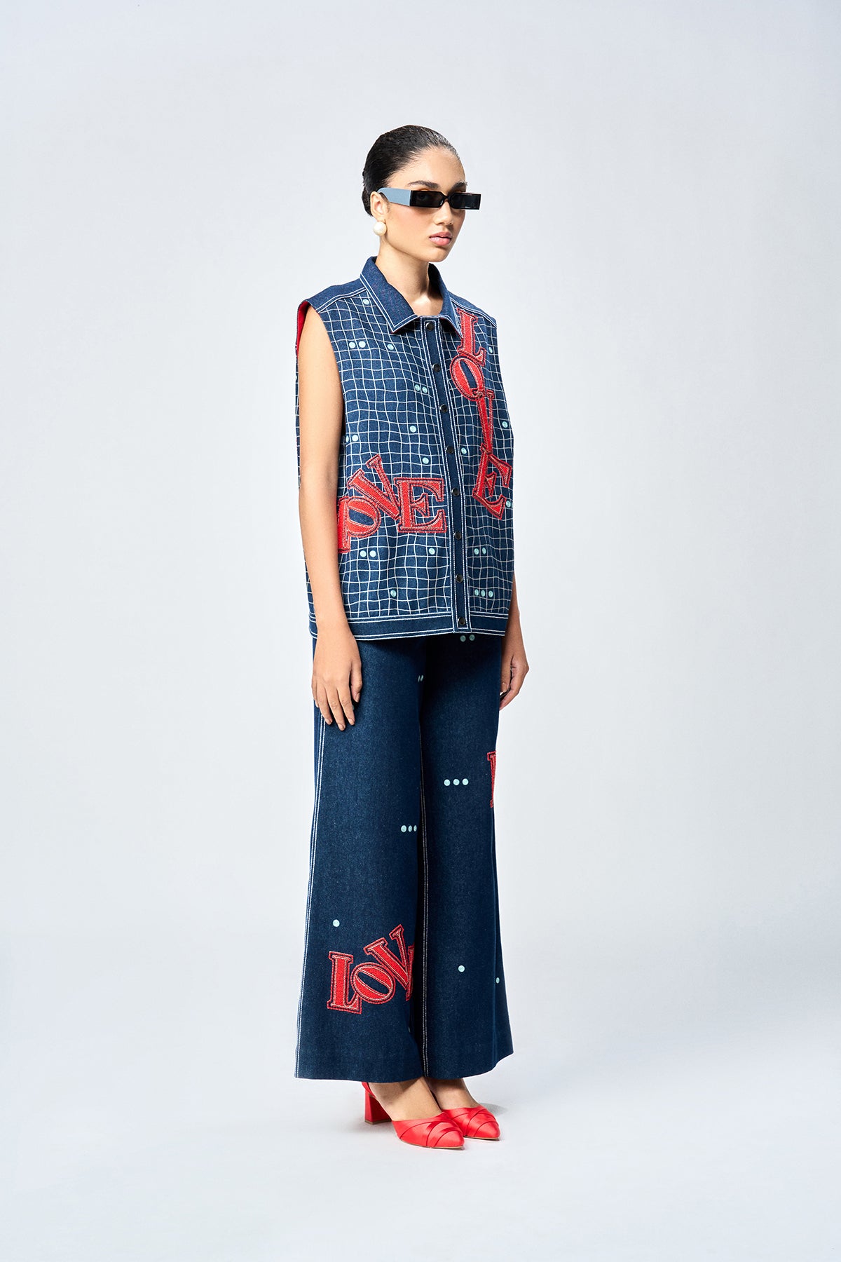 LOVE CHECKS VEST WITH FLARED PANTS