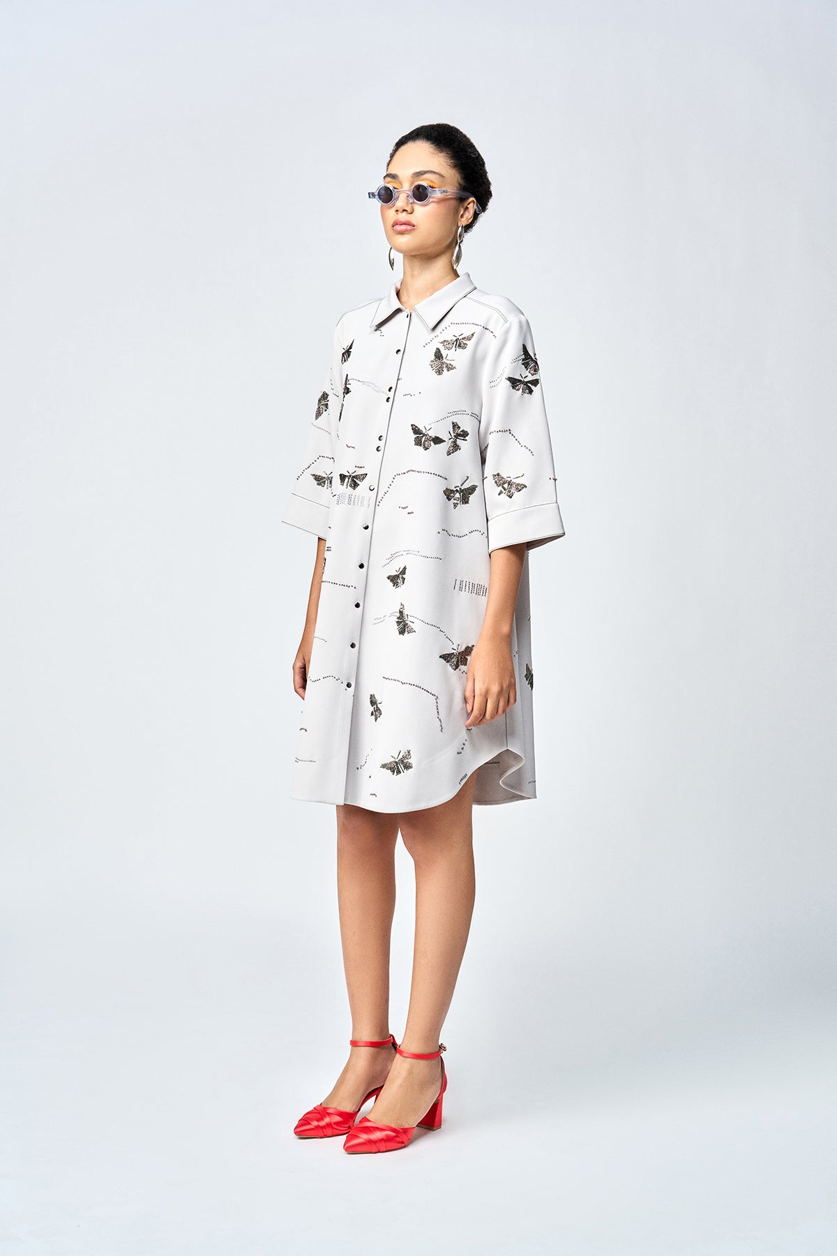 FUZZY BUTTERFLY EMBELLISHED A LINE SHIRT DRESS