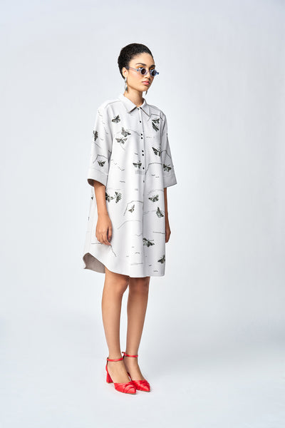 FUZZY BUTTERFLY EMBELLISHED A LINE SHIRT DRESS