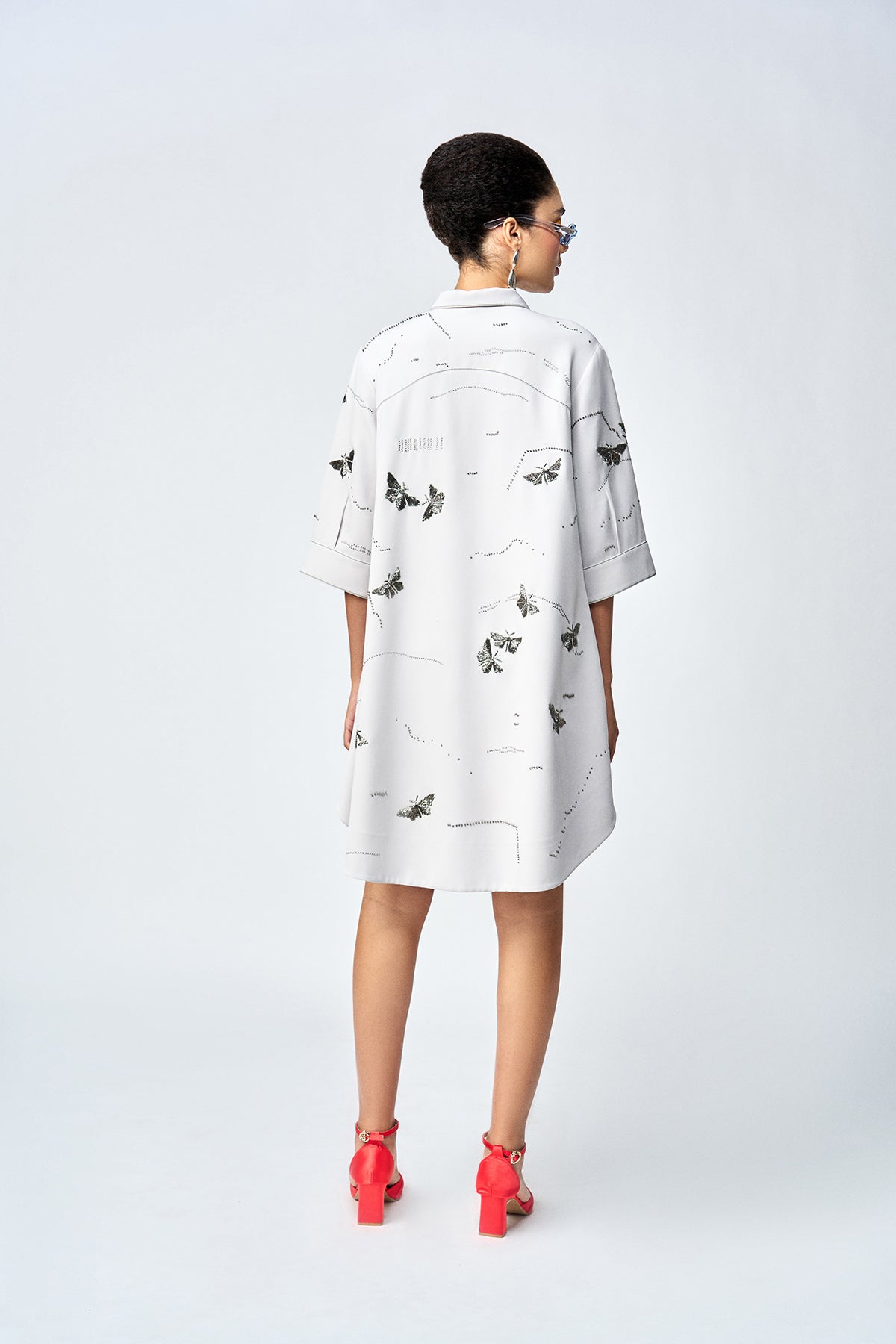 FUZZY BUTTERFLY EMBELLISHED A LINE SHIRT DRESS