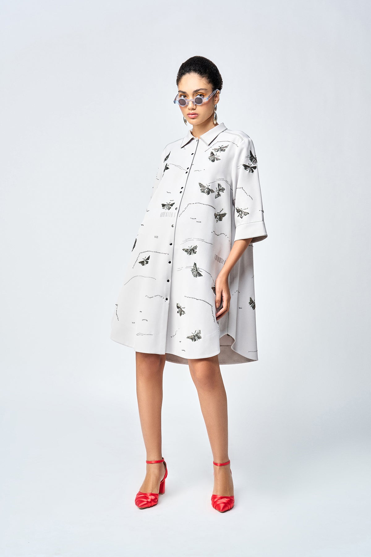 FUZZY BUTTERFLY EMBELLISHED A LINE SHIRT DRESS