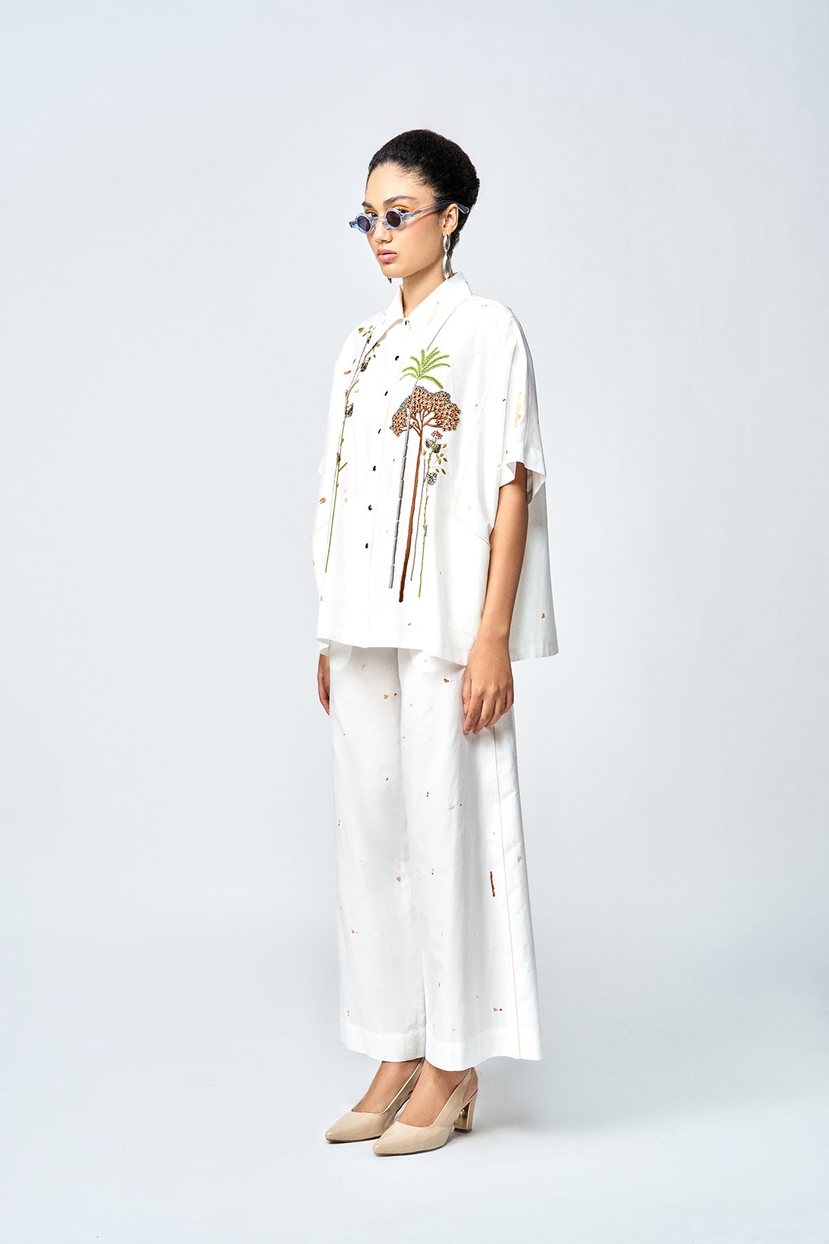 SUMMER PLANT KIMONO ANTI FIT SHIRT WITH FLARED PANTS