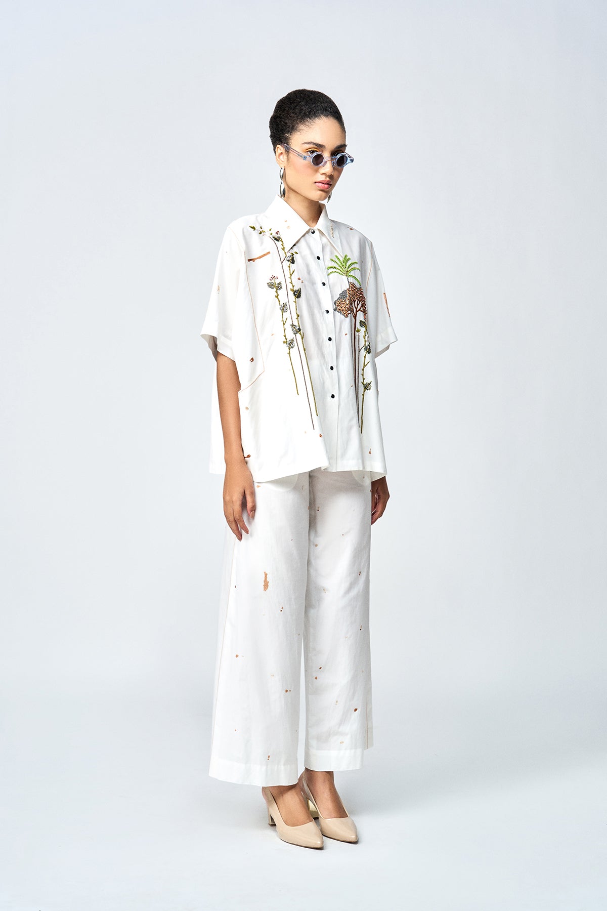 SUMMER PLANT KIMONO ANTI FIT SHIRT WITH FLARED PANTS