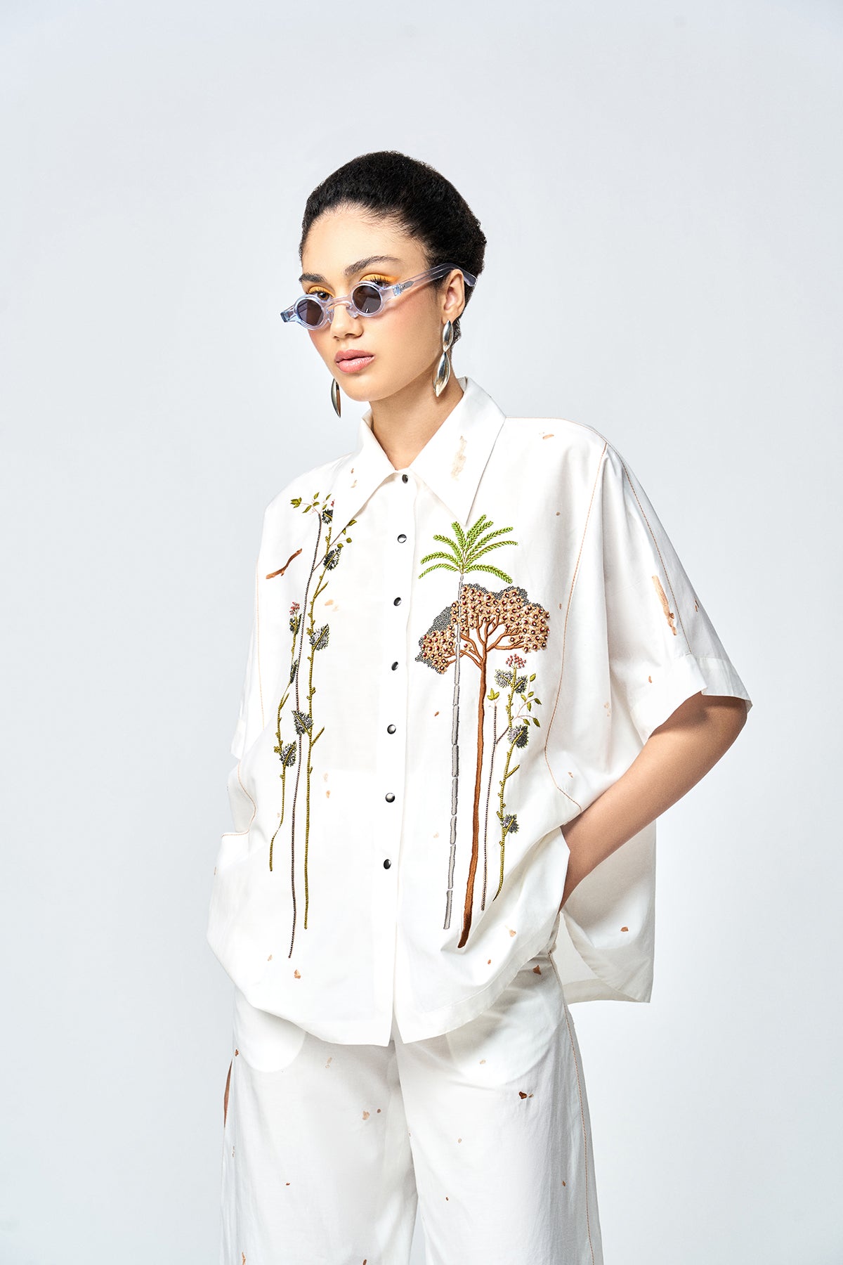 SUMMER PLANT KIMONO ANTI FIT SHIRT WITH FLARED PANTS