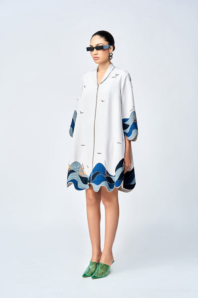 WAVES AND BOATS SHAWL COLLAR FLARED DRESS