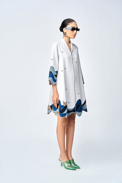 WAVES AND BOATS SHAWL COLLAR FLARED DRESS