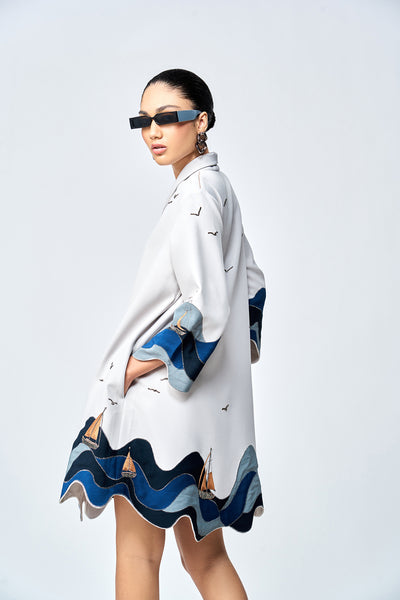 WAVES AND BOATS SHAWL COLLAR FLARED DRESS