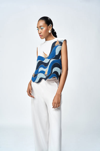 WAVES AND BOATS TOP WITH FLARED PANT