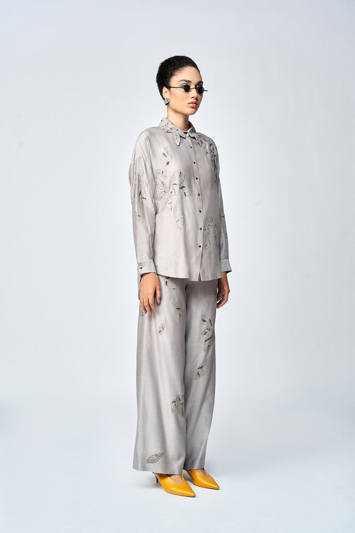 DELICATE LEAVES DROP SHOULDER ASYMETRIC SHIRT WITH FLARED PANTS