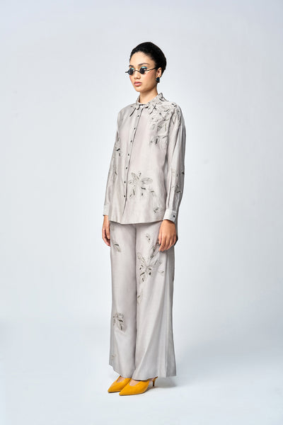 DELICATE LEAVES DROP SHOULDER ASYMETRIC SHIRT WITH FLARED PANTS