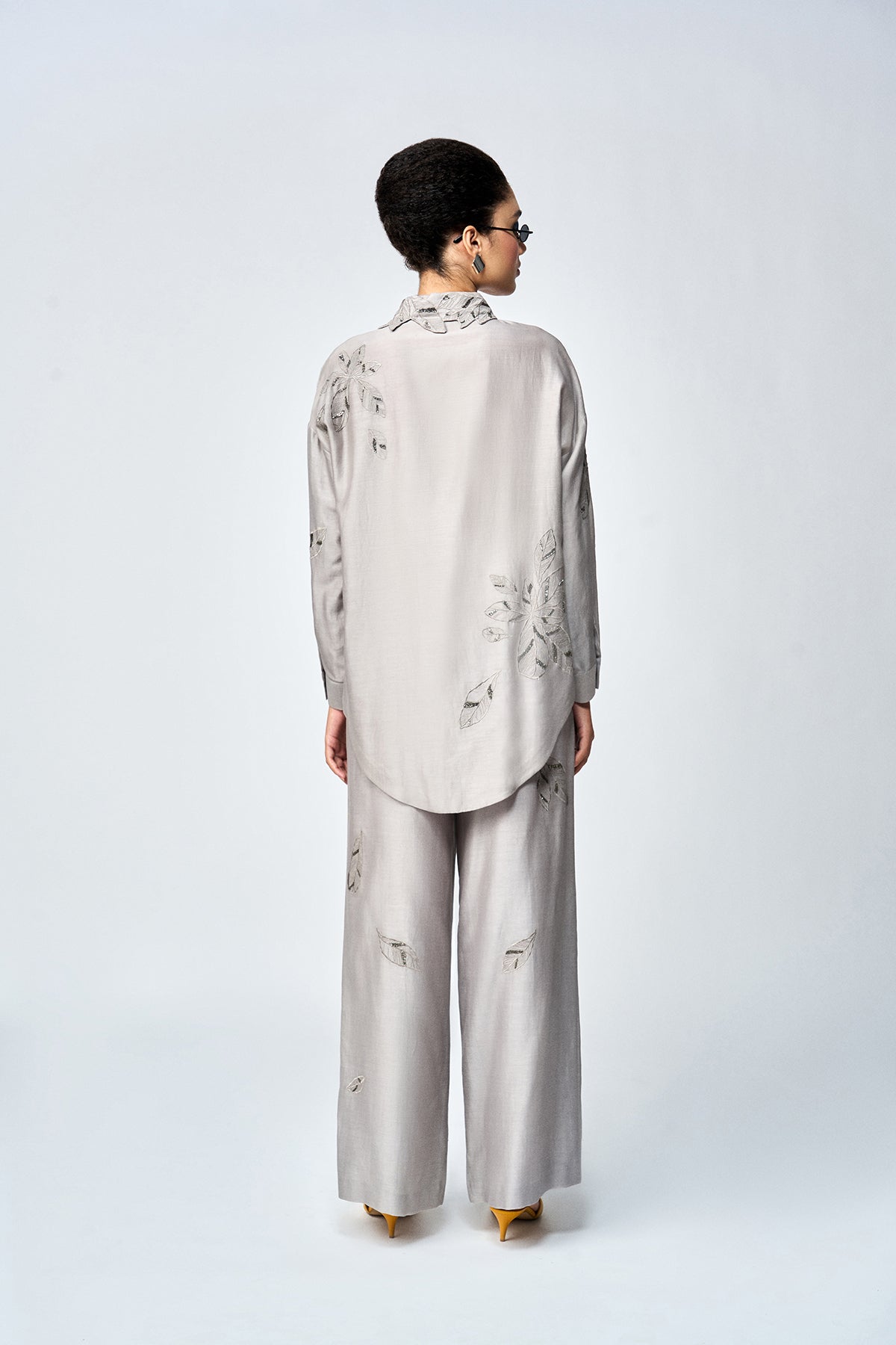 DELICATE LEAVES DROP SHOULDER ASYMETRIC SHIRT WITH FLARED PANTS