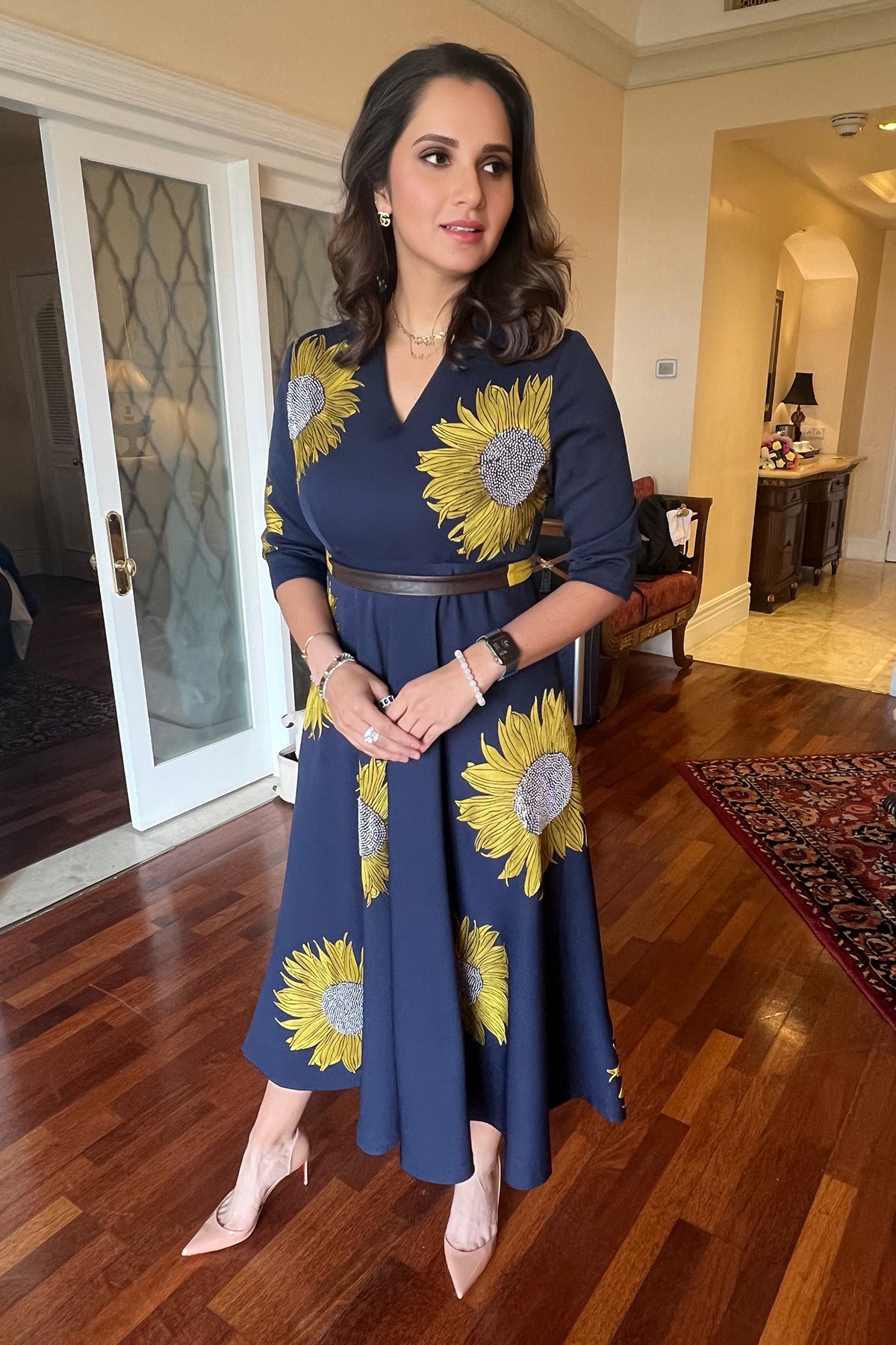 Sania Mirza In Sunflower Circular Midi Dress With Belt