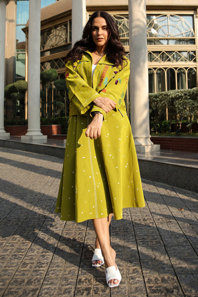 Neha Dhupia In Abstract Shapes And Ostrich Jacket With Circular Skirt And Corset