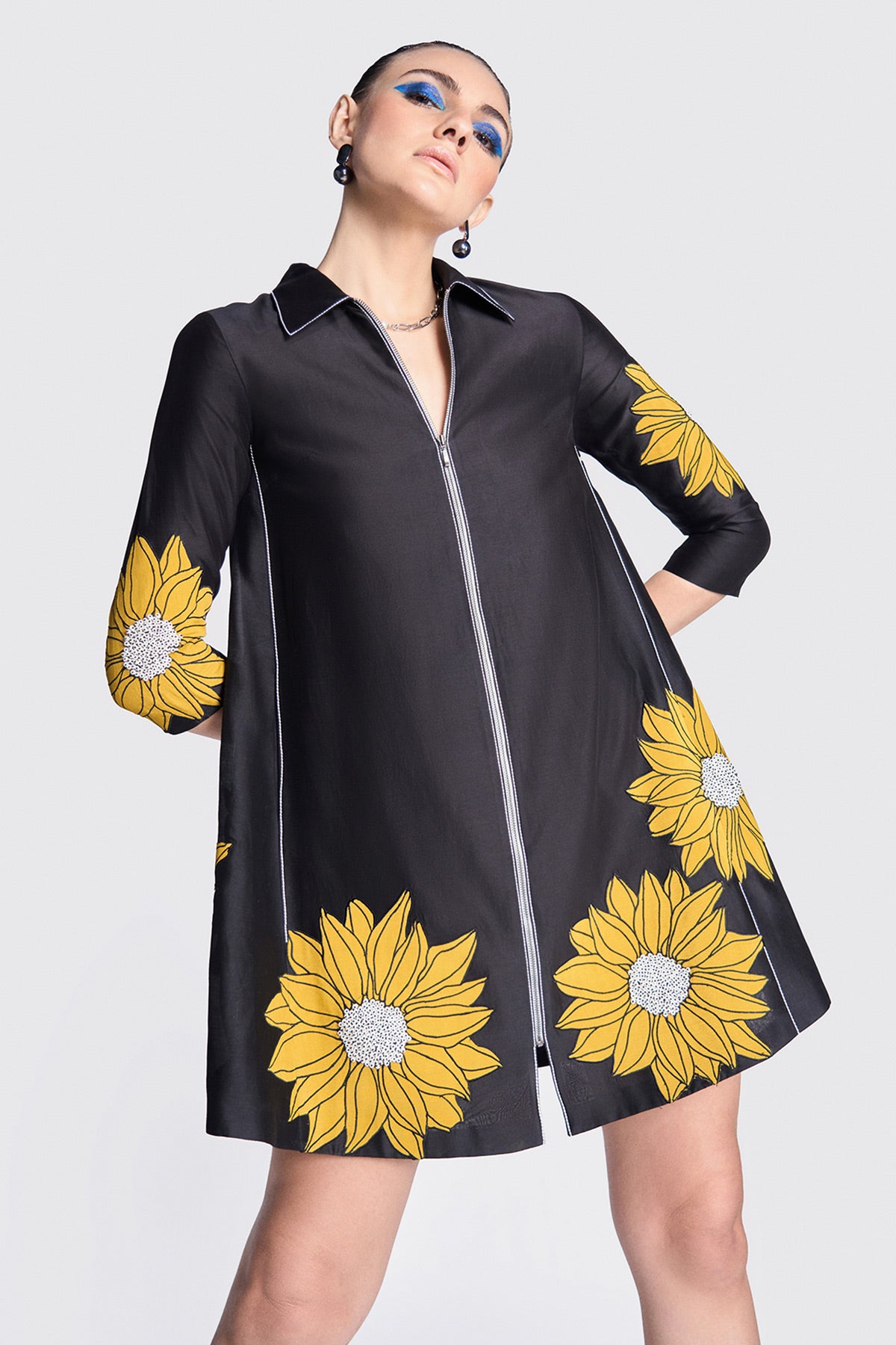 Sunflower Applique Side Triangle Shirt Dress