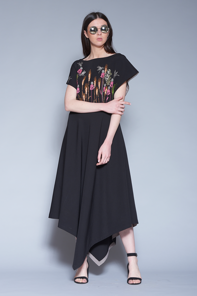 Wildflower And Dragonflies Boat Neck Handkerchief Midi Dress