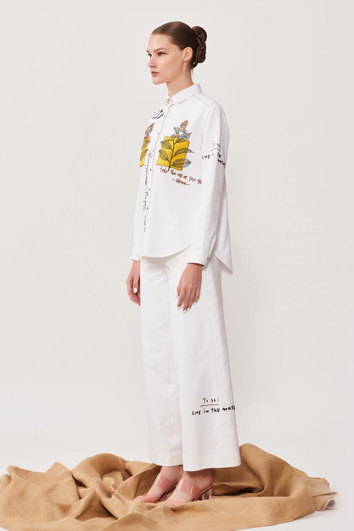 Leaves Patch High Low Shirt With Flared Pant