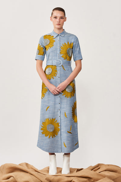 Sunflower Long Shirt Dress With Buckle Belt