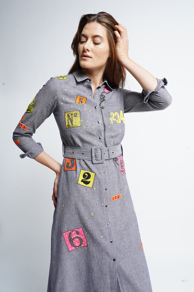 Odd And Even Numbers Long Shirt Dress With Buckle Belt