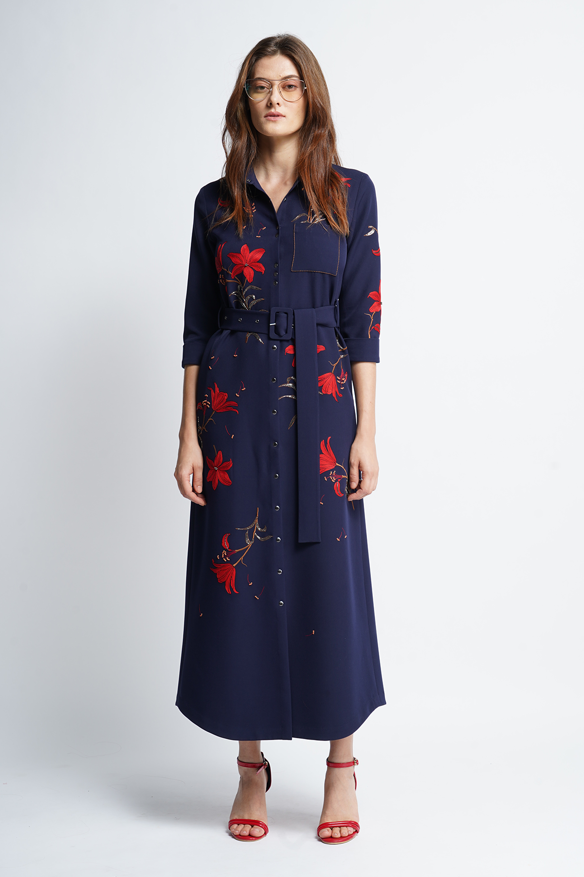 Lilies Long Shirt Dress With Buckle Belt