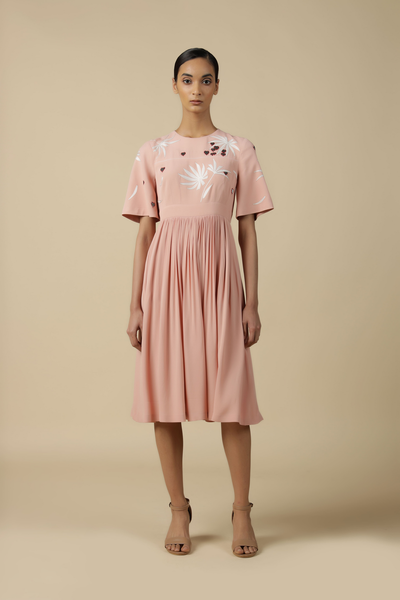 Leaf And Fruit Flared Sleeve Gathered Dress