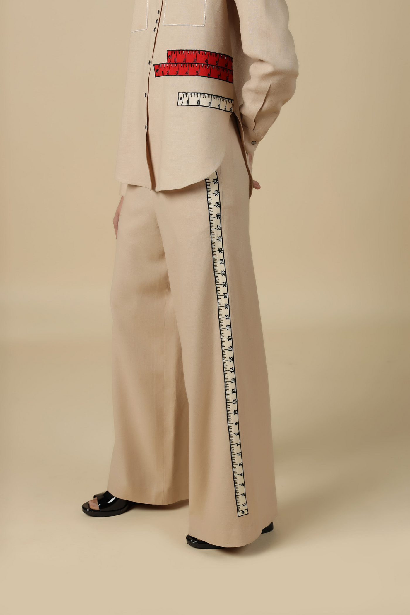 Measuring Tape High Low Shirt With Flared Pants