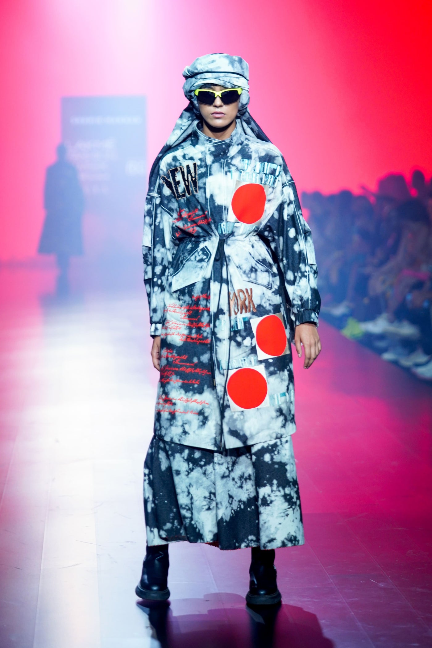 Scribble Parka With Circular Skirt And Head Scarf